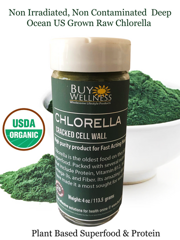 A bottle of Buy Wellness Chlorella powder centered on a white background, with piles of green chlorella powder in white bowls behind it. Text at the top reads 'Non Irradiated, Non Contaminated Deep Ocean US Grown Raw Chlorella' and text at the bottom reads 'Plant Based Superfood & Protein.