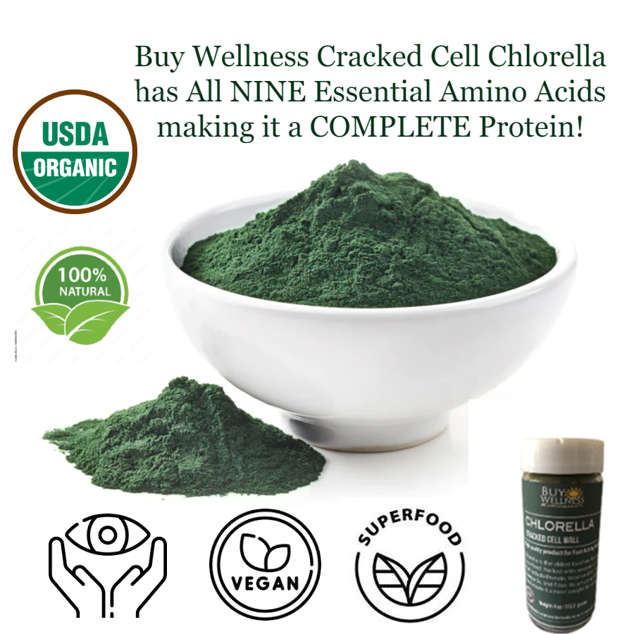 Chlorella powder nutrition info infographic