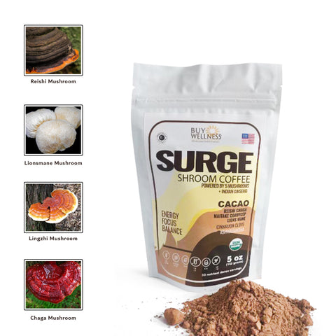 SURGE 5 Mushroom Coffee + Cacao + Ashwagandha, Indian Ginseng