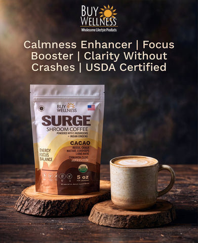 SURGE Mushroom Cocoa | 5-Mushroom -Charcoal Roasted Cacao Blend | Buy Wellness