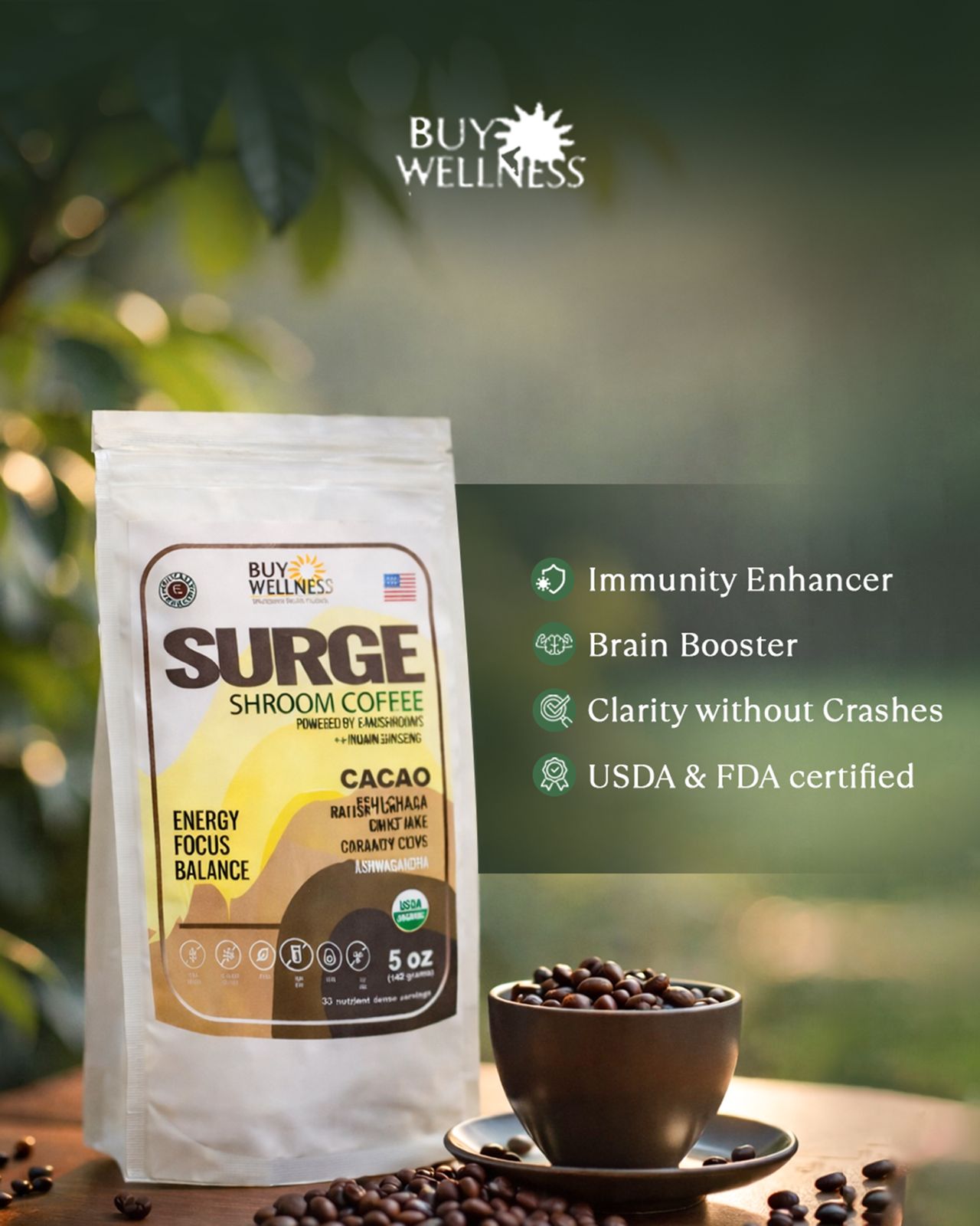 SURGE energy drink mushroom blend infographic