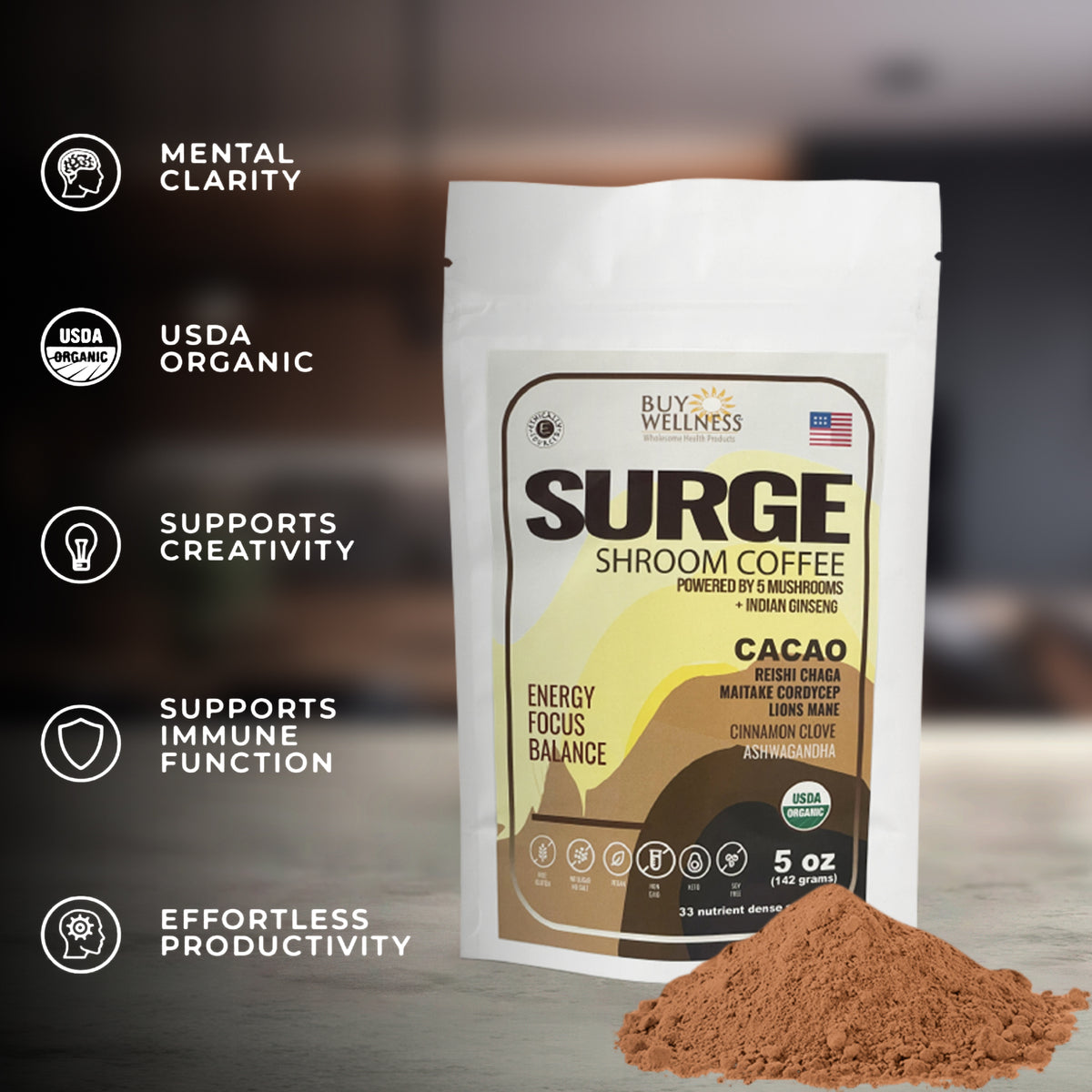 SURGE 5 Mushroom Coffee + Cacao + Ashwagandha, Indian Ginseng