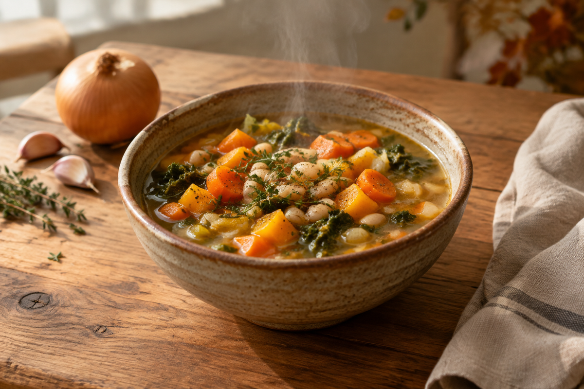 Warm autumn vegetable soup for the Buy Wellness article
